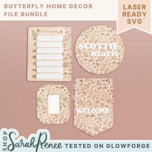 Pacote de arquivos SVG de borboleta, pacote de decoração para casa Glowforge, planejador semanal, placa de nome redonda, ímã de foto de geladeira, arquivos SVG de laser para porta-retratos