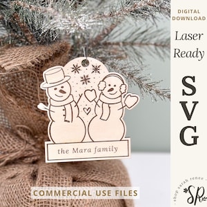 Snowman Couple Ornament Laser SVG | Glowforge & Laser tested | Personalized Laser Cut File First Christmas Married Engaged