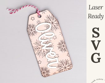 Sneeuwvlok lasergesneden kerstmand tag, kous tag laserbestand, sneeuwvlok kous naamplaatje, Glowforge getest, kerstcadeau tag SVG