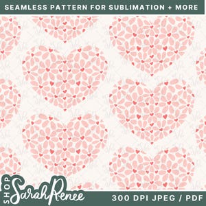 May include: A seamless pattern featuring pink hearts made up of smaller pink flowers with red centres. The background is white.