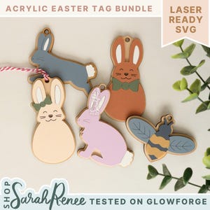 Bundle d'étiquettes en acrylique de Pâques SVG, fichier découpé au laser lapin et étiquettes de panier d'abeilles, svg de lapin personnalisé, étiquette de panier Glowforge, breloque de panier de vacances