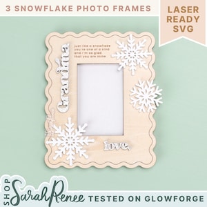 スカラップウィンタースノーフレークフォトフレームファイルバンドル、クリスマスギフトGlowforge svg、ファミリークリスマスsvg、冷蔵庫用フォトマグネットレーザーカットファイル