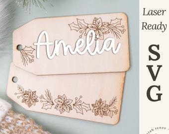 Etiqueta de regalo de flor de Pascua SVG, archivos láser para marcar y grabar etiquetas navideñas, etiqueta de regalo de madera, archivo de adorno Glowforge, paquete de archivos de etiquetas navideñas