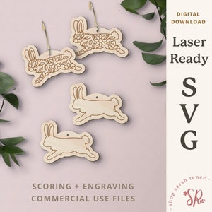 Easter Bunny Earring Laser Cut File -Easter Bunny SVG -Commercial Use -Floral Pattern Scoring File -Glowforge Wood Project -Lightburn, etc