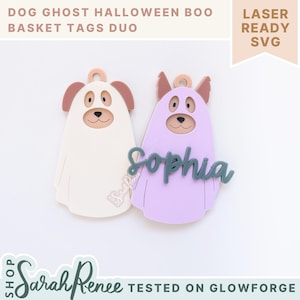 Op de afbeelding: Twee honden-geest Halloween mand tags. Eén tag is wit met bruine oren, de andere is lavendel met bruine oren en de naam "Sophia". De tags hebben een honden gezicht ontwerp en zijn laser-ready SVG's.
