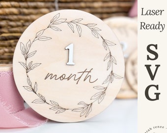 Leaf Baby Milestone SVG, Baby Monthly Cards, Milestone Laser Cut File, Baby Photo Prop SVG, Month Disc, Scoring SVG File, Glowforge Project