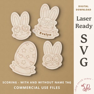 Può includere: Quattro file SVG tagliati al laser per lavori manuali di Pasqua. I disegni includono un coniglio con occhiali da sole a forma di cuore, un coniglio con occhiali da sole a forma di stella, un coniglio con occhiali da sole rotondi e un uovo di Pasqua con stelle e cuori. Il coniglio con occhiali da sole a forma di stella ha il nome "Evelyn" su uno striscione.