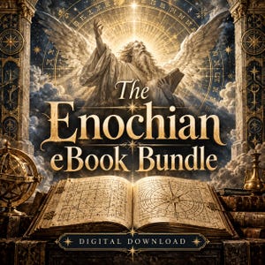 Może przedstawiać: Otwarta księga ze skomplikowanymi diagramami geometrycznymi i mapami nieba, z tekstem The Enochian eBook Bundle oraz Digital Download, na tle skrzydlatej postaci, chmur i złotych elementów architektonicznych.