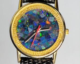 03652. Natural Australian Opal Watch: 32mm Citizen Quartz, Leather