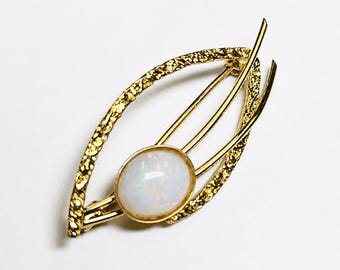 03916. Sterling Silver Opal Brooch: Gold Plated, Solid White Australian Opal