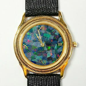 01472 - No name Opal Uhr mit Natürlichem Australischem Opal 32 mm x 7 mm Gehäuse Wasserfest Bürger Quarz Uhrwerk Schwarzes Armband Ohne Sekunden Arm