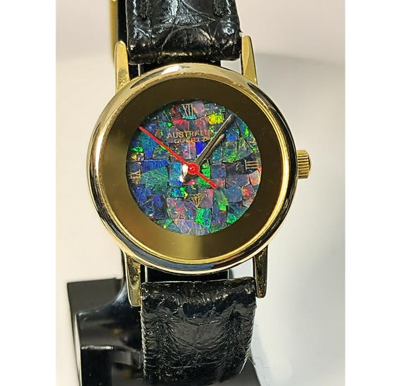 54181.0 - Vintage Australian Opal Watch: Gold Rim, Black Leather