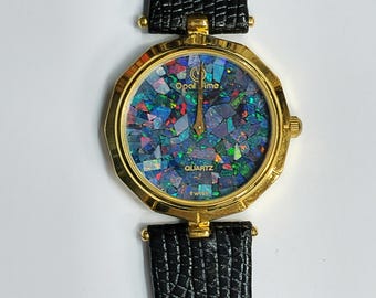 スイス製 オパール 時計 22k 金メッキ Swiss Opal watch Vintage Australian Opal Watch: Gold Case, Black Leather