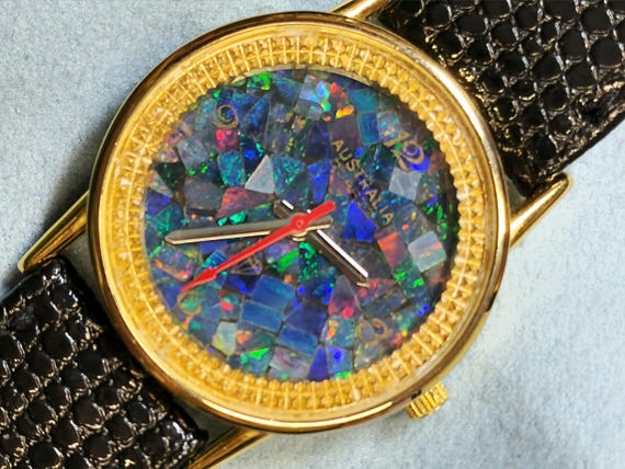 03652. Natural Australian Opal Watch: 32mm Citizen Quartz, Leather