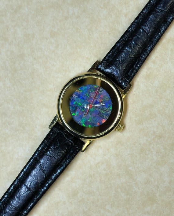 54181.0 - Vintage Australian Opal Watch: Gold Rim, Black Leather
