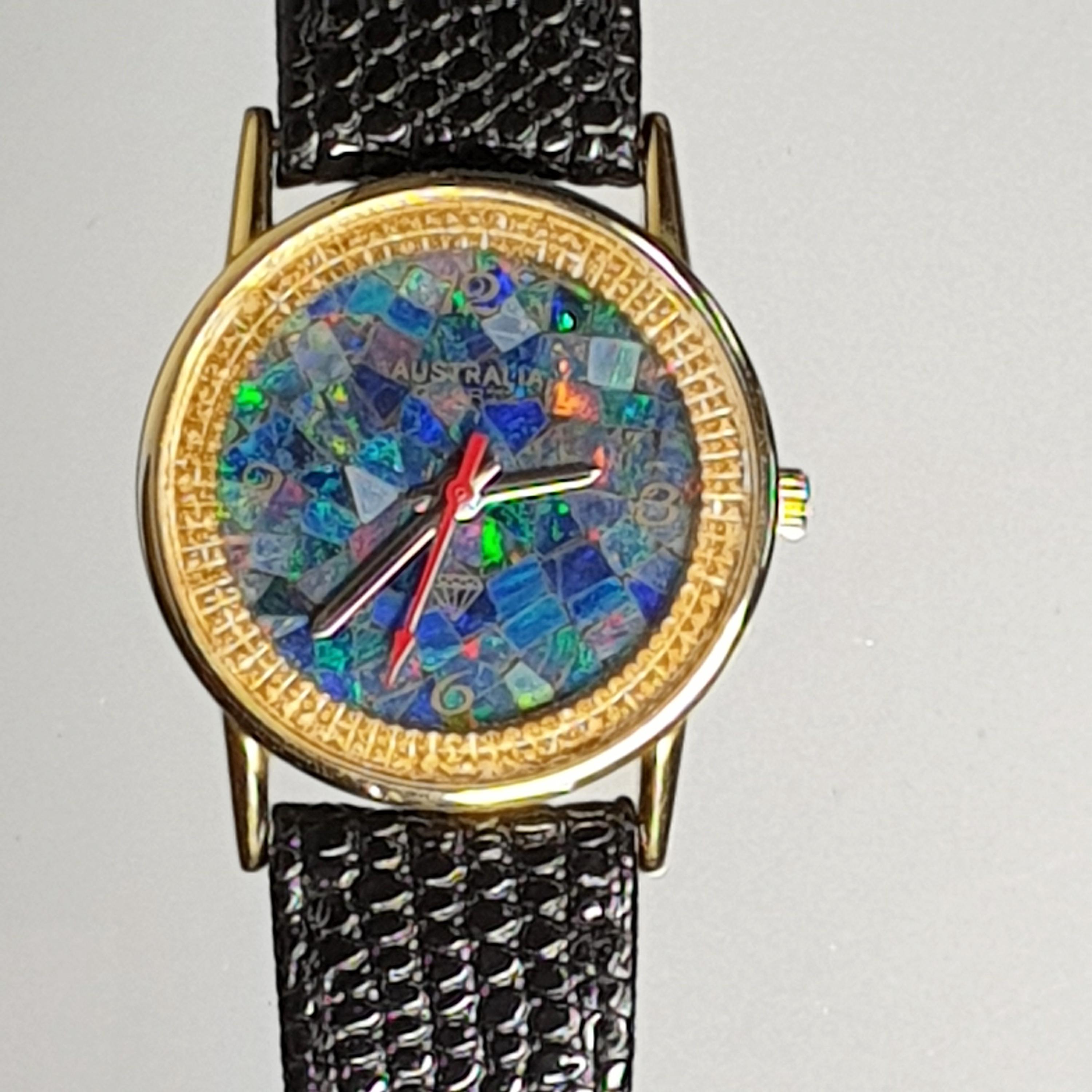 03652. Natural Australian Opal Watch: 32mm Citizen Quartz, Leather