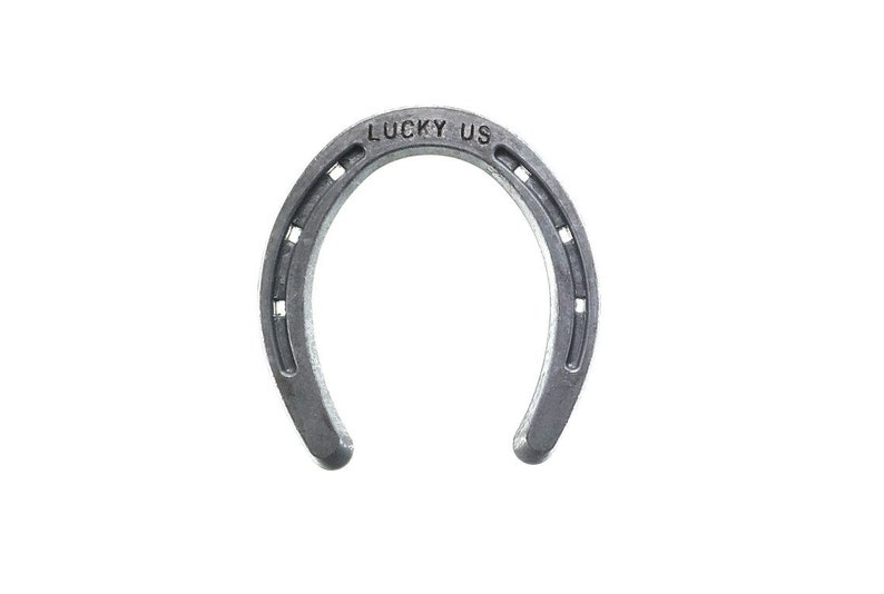 May include: A silver horseshoe with the words "LUCKY US" engraved on the top.