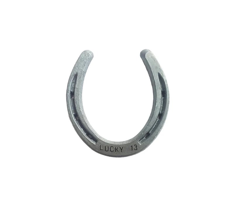 May include: A silver horseshoe with the words "LUCKY 13" engraved on the bottom.