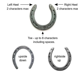 May include: Two silver horseshoes with the words "LUCKY US" and "EST. 2017" engraved on them. The horseshoe on the left has the words "upside down" written on it. The horseshoe on the right has the words "rightside up" written on it.