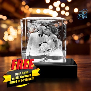 3D Crystal Photo Cube w/Light Base | Personalized Custom Glass Laser Etched & Engraved Photo, Picture, Image, Keepsake for any Occasion