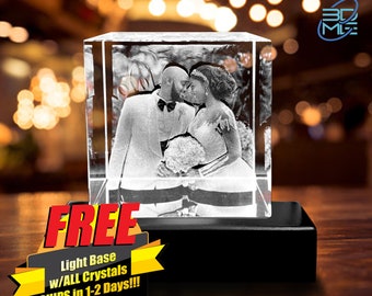 3D Crystal Photo Cube w/Light Base | Personalized Custom Glass Laser Etched & Engraved Photo, Picture, Image, Keepsake for any Occasion