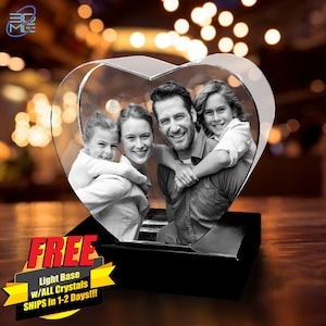 3D Crystal Photo Heart w/Light Base | Personalized Custom Glass Laser Etched & Engraved Photo, Picture, Image, Keepsake for any Occasion