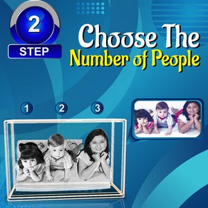May include: Step 2 of a 3-step process to create a custom 3D crystal. Choose the number of people to be included in the crystal. The image shows a 3D crystal with three people in it. The crystal is on a white surface. The background is blue.