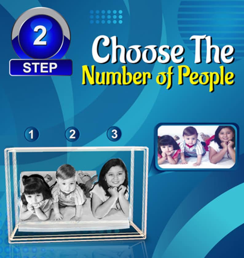 May include: Step 2 of a 3-step process to create a custom 3D crystal. Choose the number of people to be included in the crystal. The image shows a 3D crystal with three people in it. The crystal is on a white surface. The background is blue.