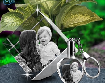 3D Crystal Photo Diamond Cube w/FREE Lighted Keychain | Personalized Custom Glass Etched & Engraved Photo, Picture, Image for any Occasion