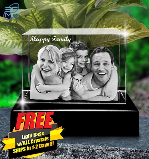 3D Crystal Photo Brick Cube w/Light Base | Personalized Custom Glass Laser Etched & Engraved Photo, Picture, Image,Keepsake for any Occasion