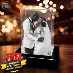 3D Crystal Photo Rectangle Cube w/Light Base | Personalized Custom Glass Laser Etched & Engraved Photo, Picture, Image Keepsake