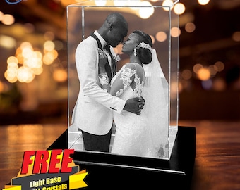 3D Crystal Photo Rectangle Cube w/Light Base | Personalized Custom Glass Laser Etched & Engraved Photo, Picture, Image Keepsake