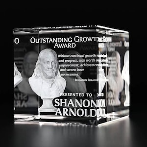 3D Crystal Cube Paperweight | Custom Laser Etched & Engraved Glass | Personalized Corporate Employee Appreciation Recognition Trophy Award