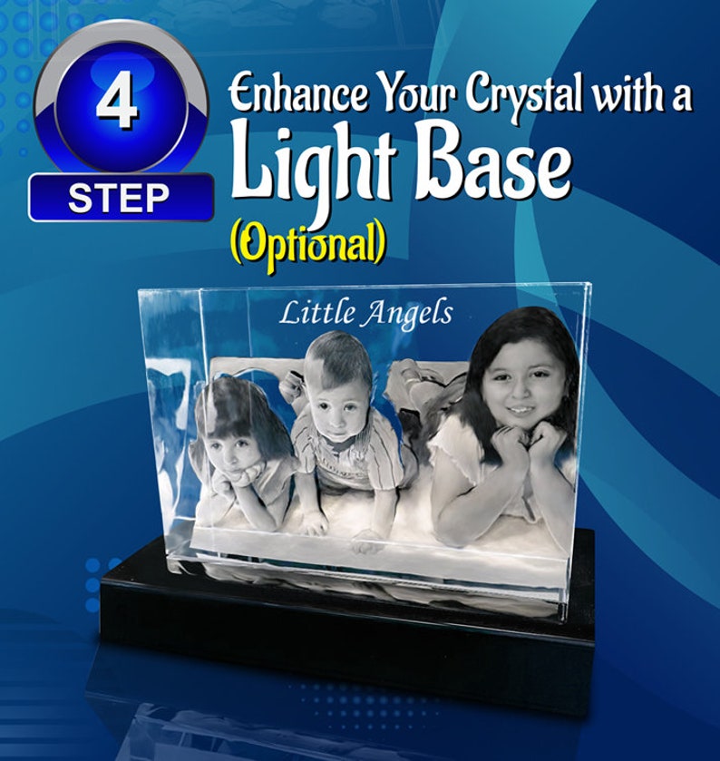 May include: A 3D crystal with a black base, featuring a photo of three children. The crystal is illuminated from below, creating a glowing effect. The text "Little Angels" is visible at the top of the crystal.
