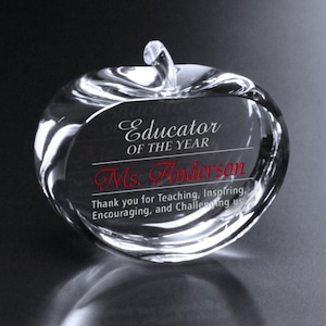 Crystal Apple Paperweight Award | Custom Etched & Engraved Glass | Personalized Corporate Employee Recognition Appreciation Trophy