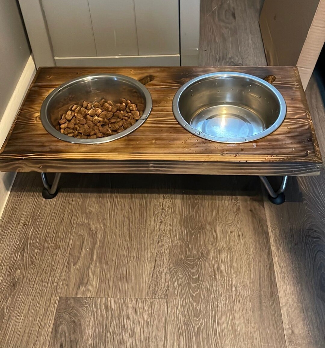 Rustic Wooden Dog / Cat Food & Water Bowl Holder With Hairpin Etsy UK