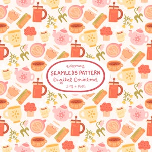 May include: A repeating pattern with illustrations of coffee and tea items. The design includes mugs, teacups, teapots, coffee cups, muffins, and floral accents in orange, pink, yellow, and green. The text "SEAMLESS PATTERN Digital Download JPG + PNG" is also included.