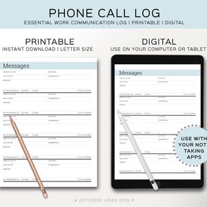 Daily call log to jot down phone messages. Organize your phone calls with a call list printable. Printable and Digital planner template.