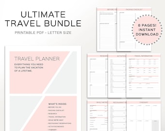 May include: Printable travel planner bundle with pink and grey accents. The bundle includes 8 pages with sections for before you go, packing checklist, research, activities, travel information, while we're away, restaurant reservations, activities booked, and itinerary.