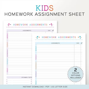 Printable Kids Homework Assignment, Kids schedule, Homework tracker, Elementary School Planner, Schoolwork printable, Student Planner