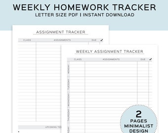 Printable Assignment Tracker, Weekly homework planner, Back to school printable, Assignment planner, organize school work. Study Planner