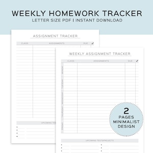 Printable Assignment Tracker, Weekly homework planner, Back to school printable, Assignment planner, organize school work. Study Planner