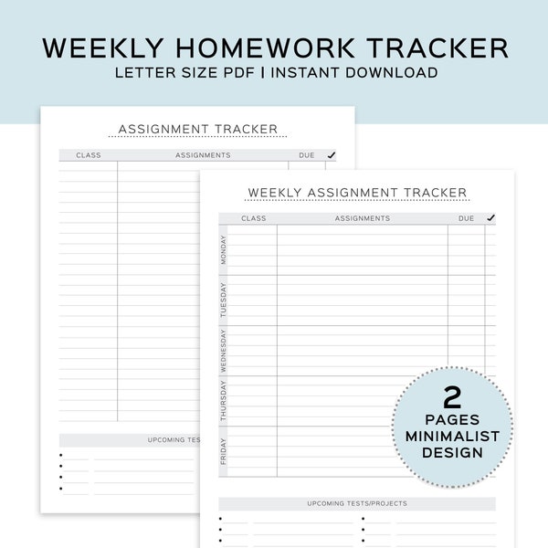 Printable Assignment Tracker, Weekly homework planner, Back to school printable, Assignment planner, organize school work. Study Planner