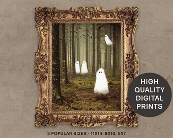 May include: A rectangular ornate gold frame containing a print of a dark forest with four white ghost figures. A black circular badge on the right displays the white text HIGH QUALITY DIGITAL PRINTS. Below the frame, text reads 3 POPULAR SIZES - 11X14, 8X10, 5X7.