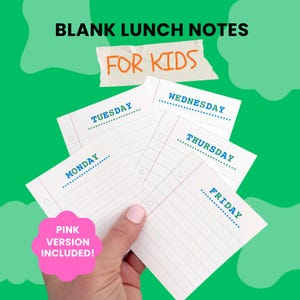 Puede incluir: Un conjunto de notas de papel blanco para el almuerzo con los días de la semana impresos en azul, incluyendo lunes, martes, miércoles, jueves y viernes. Las notas tienen líneas y un gráfico rosa que dice PINK VERSION INCLUDED.