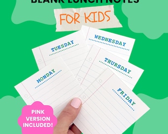 Kids Blank School Lunch Notes, Printable Note Cards, Lunchbox cards, Stationery