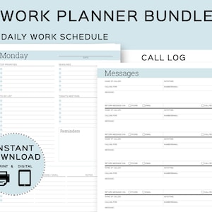 Work Planner Bundle - Includes Daily work schedule & Phone Call Log to boost productivity at the office. Printable and Digital Planner