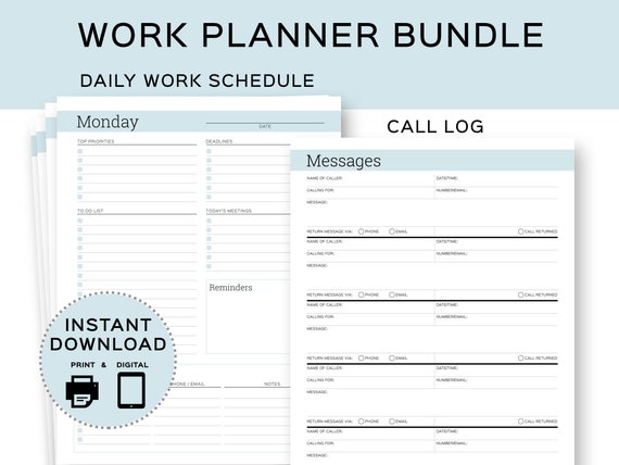 Printable Work Planner Bundle - Includes Daily work schedule & Phone Call Log for the office. Printable and Digital Office Planner