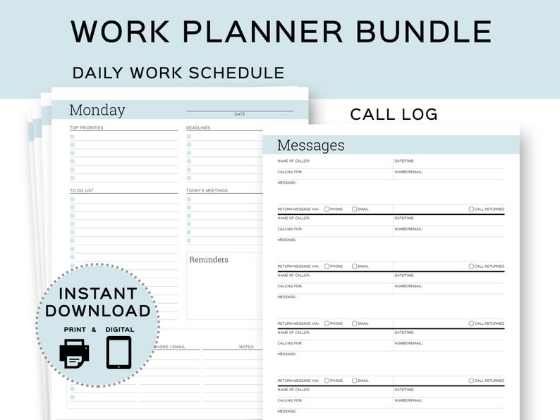Work Planner Bundle - Includes Daily work schedule & Phone Call Log to boost productivity at the office. Printable and Digital Planner