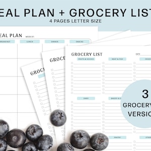 Printable Grocery List and Menu Planner, Meal Prep Planner, Dinner ideas, Weekly Meal Planner, Shopping List template, Groceries Checklist